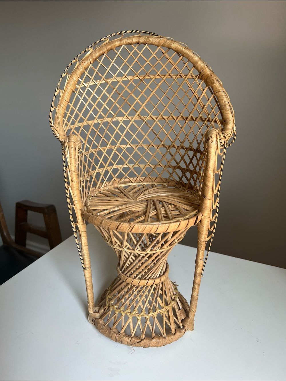 Vintage Wicker Peacock Chair Plant Stand | Boho Rattan Tabletop Planter Holder 1 - Picture 2 of 4